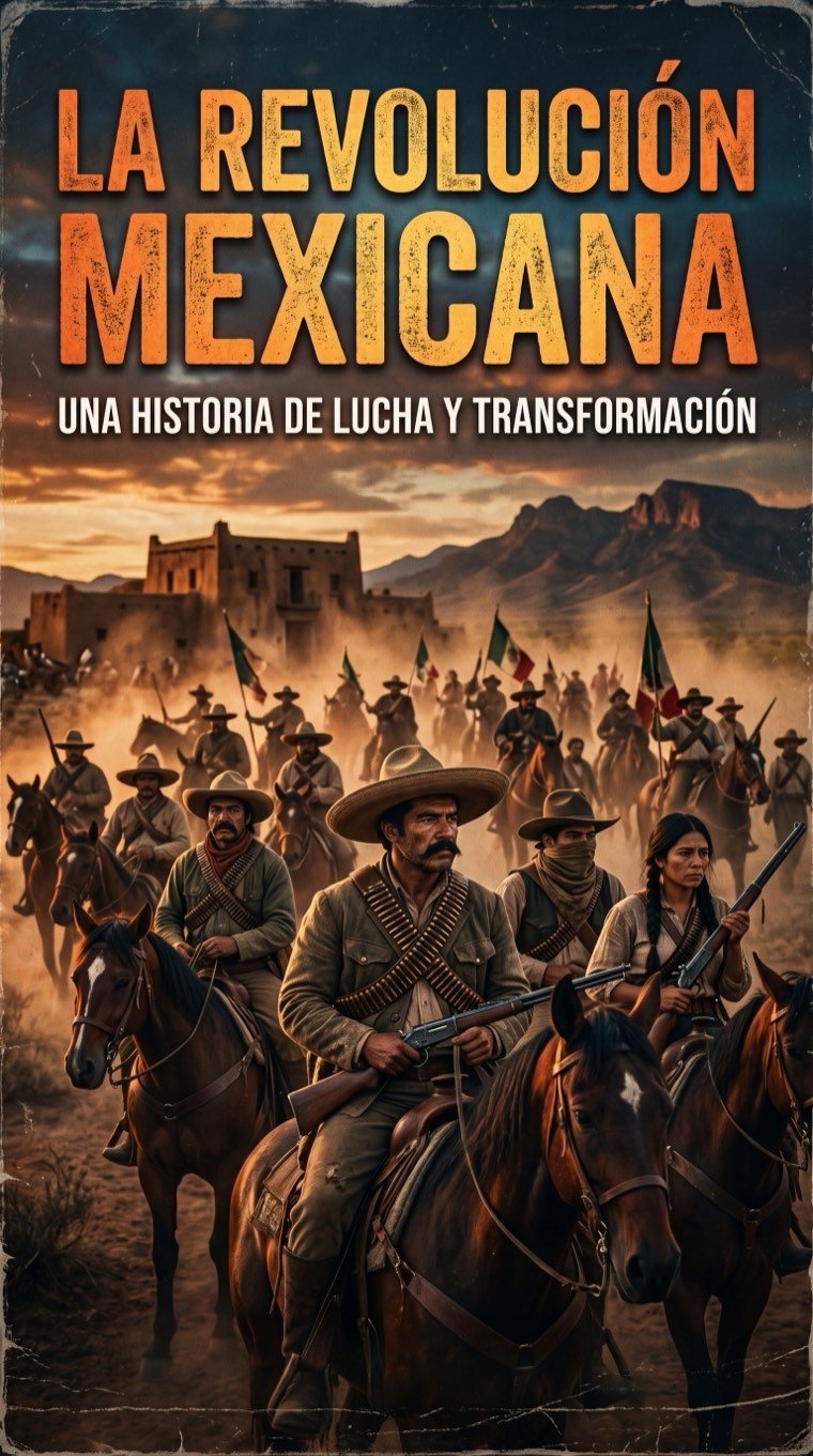 Portada del ebook «La Revolución Mexicana: Una historia de lucha y transformación»: revolucionarios a caballo con banderas mexicanas avanzando al atardecer.